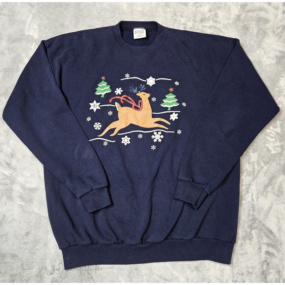 Vintage 90s Santee Christmas Crewneck Sweatshirt Adult XL Navy Blue Made in USA